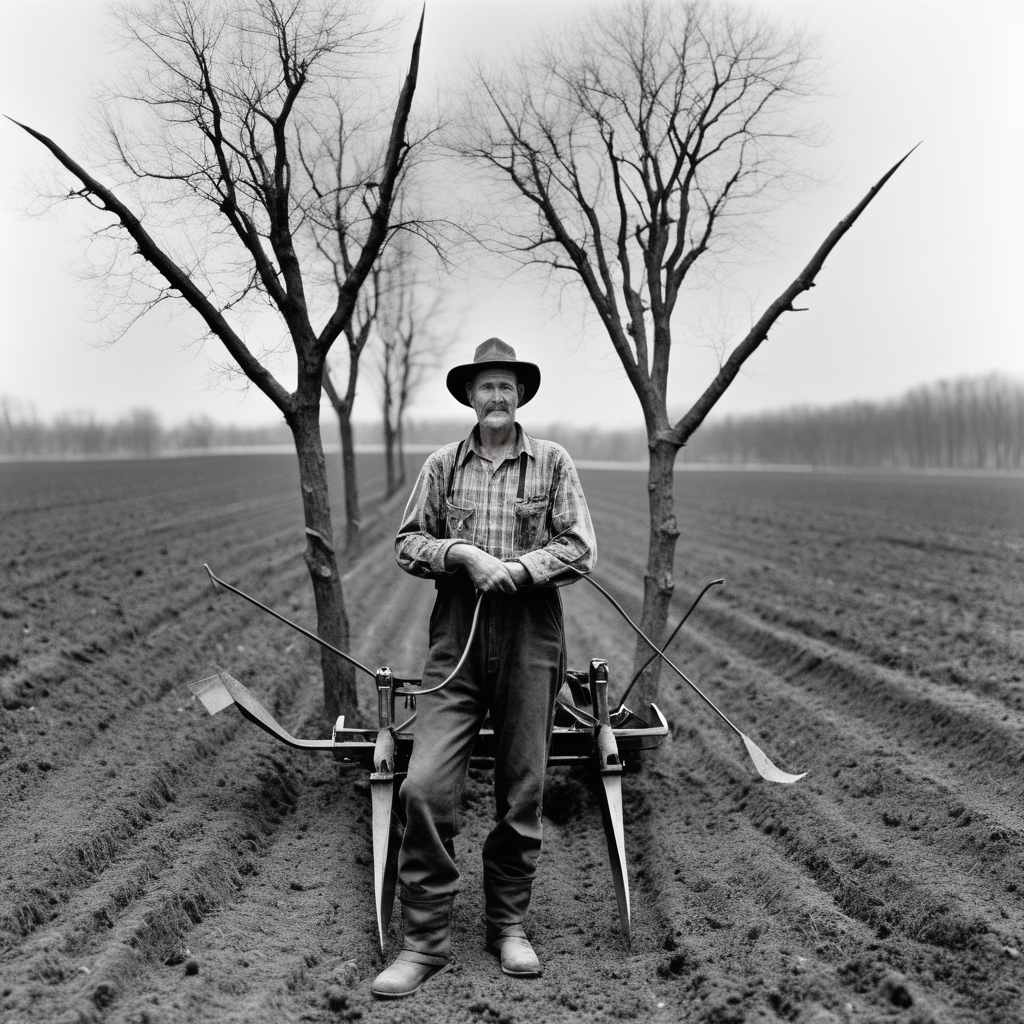 A farmer stands with a plow in his hand between two trees