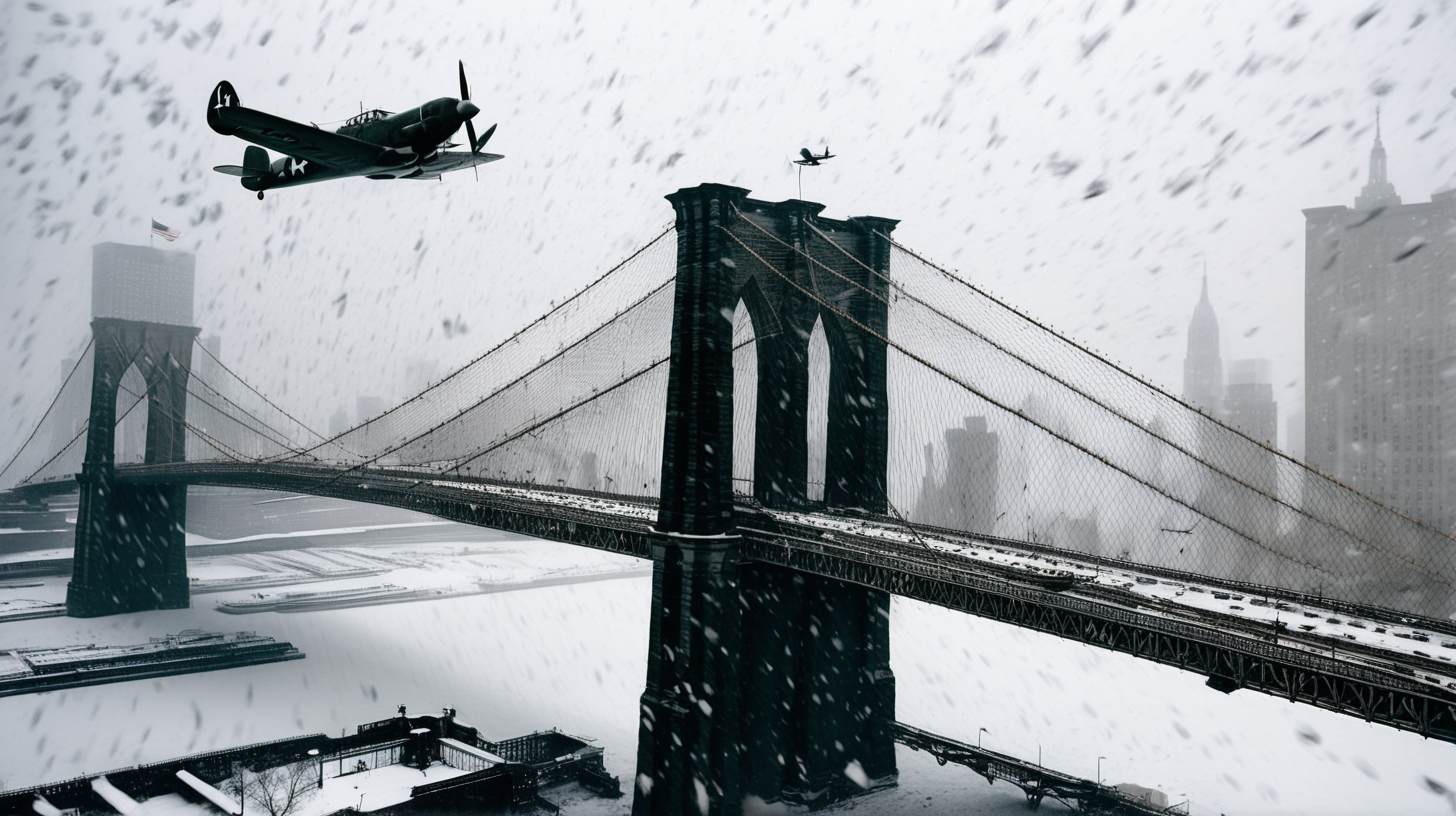 WW2 planes flying over Brooklyn bridge shrouded in snow storm