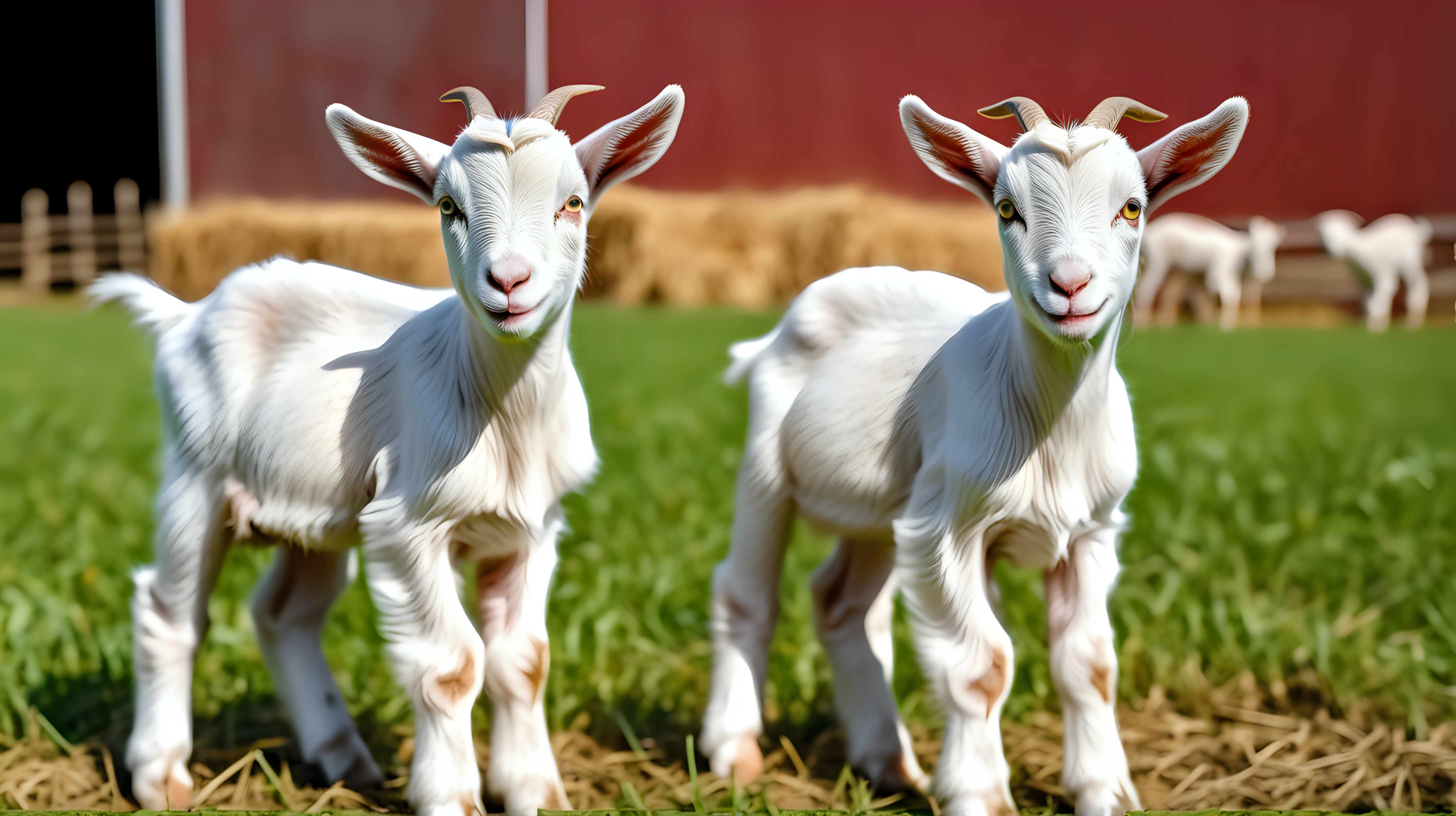 two baby goat in feild, farm barn background, isolated on background