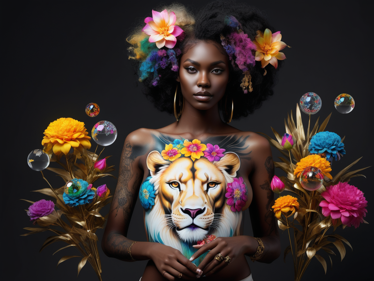 abstract exotic super black Model with soft colorful flowers, the colors of the flowers bleed into her hair. 
 add She is holding a toy top in gold
she is looking at realistic white 
lion
 8 crystal balls in different sizes are floating in the air around them 
add tattoos on her arms,  shoulder and back