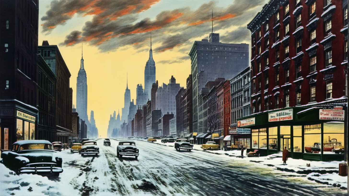 Deserted downtown New York City, circa 1955, in winter at evening,  a street stretching into the distance. Color, cloudy sky.