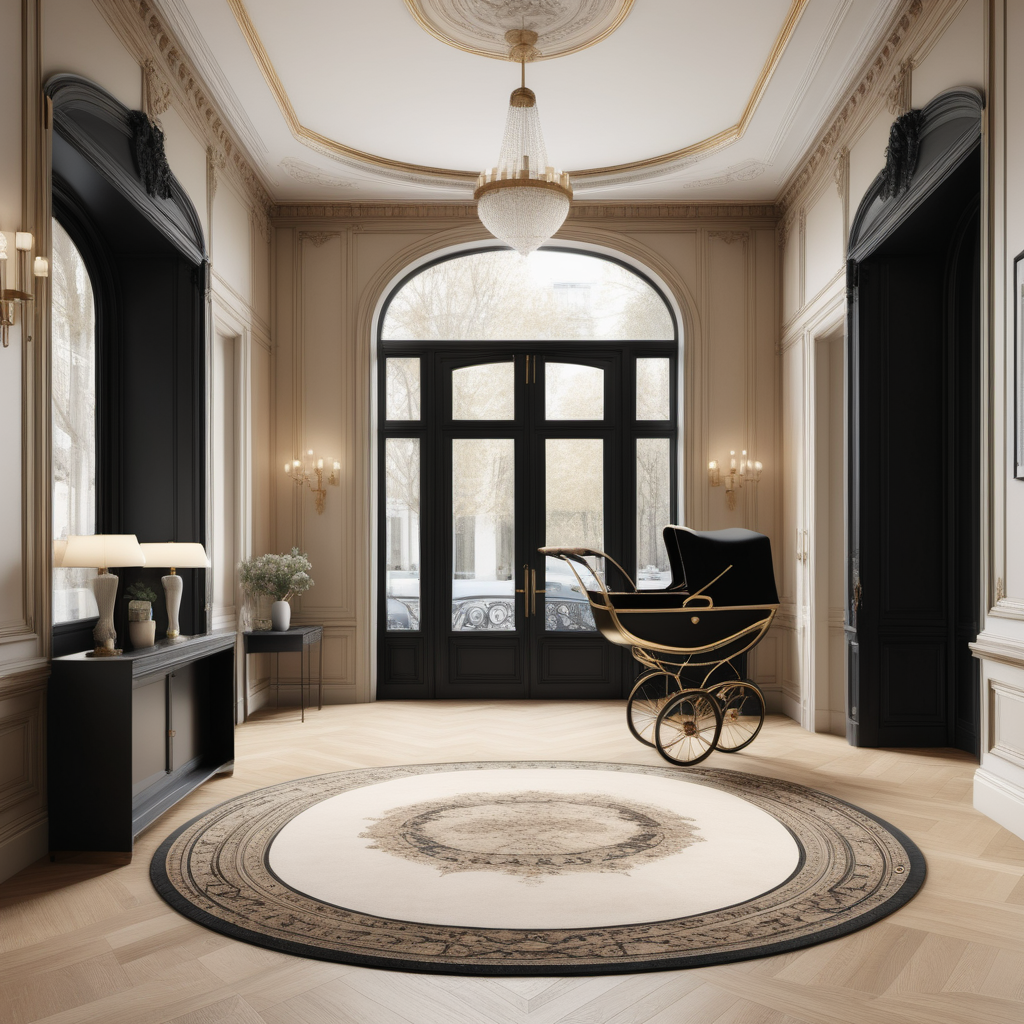 a hyperrealistic image of a grand modern Parisian entrance foyer with curved staircase; floor to ceiling windows; beige, oak, brass and black colour palette; Oak floor; A Vintage Pram; rug