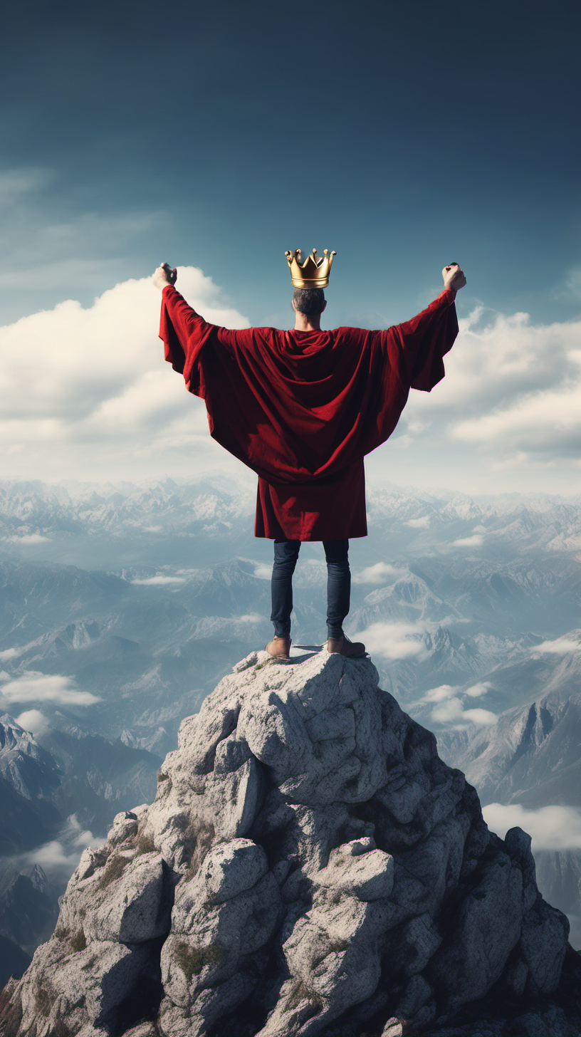 strong brave man on top of the world with a crown on 4k