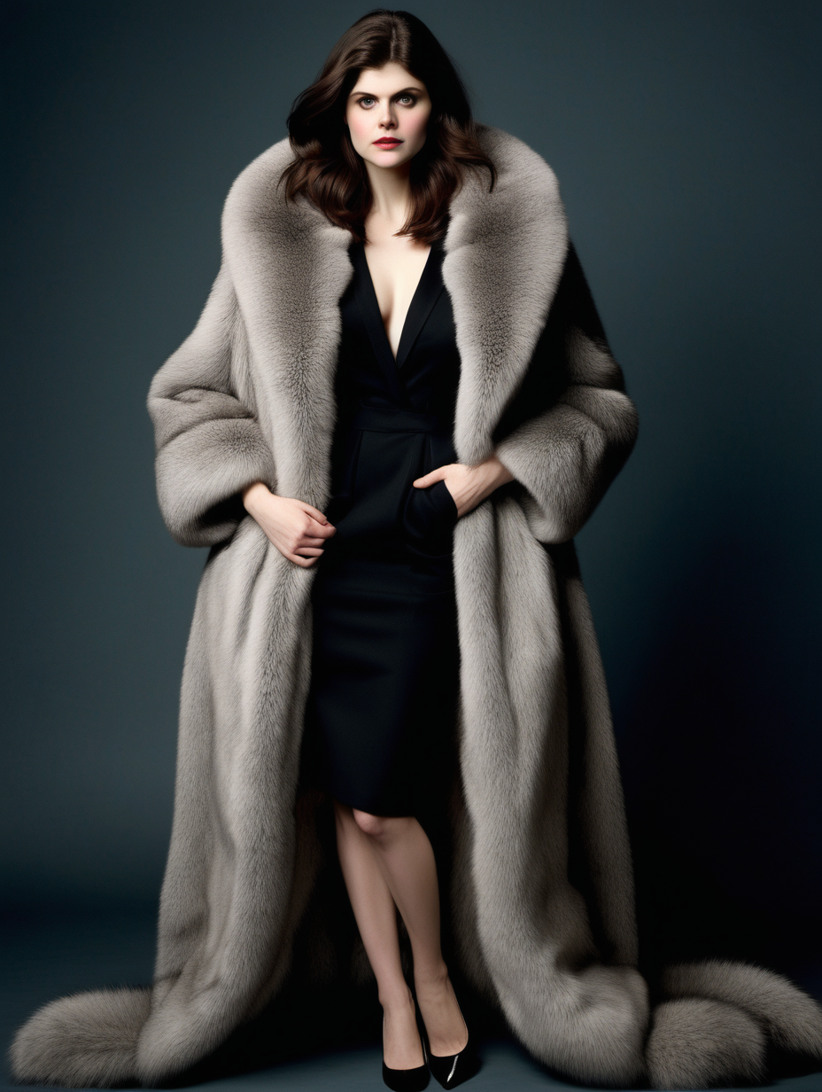 Alexandra Daddario naked wearing a gigantic super fine thick soft oversized rotfuchs fur coat with massive fine fur collar, full body shot, black high heels, hands in pockets