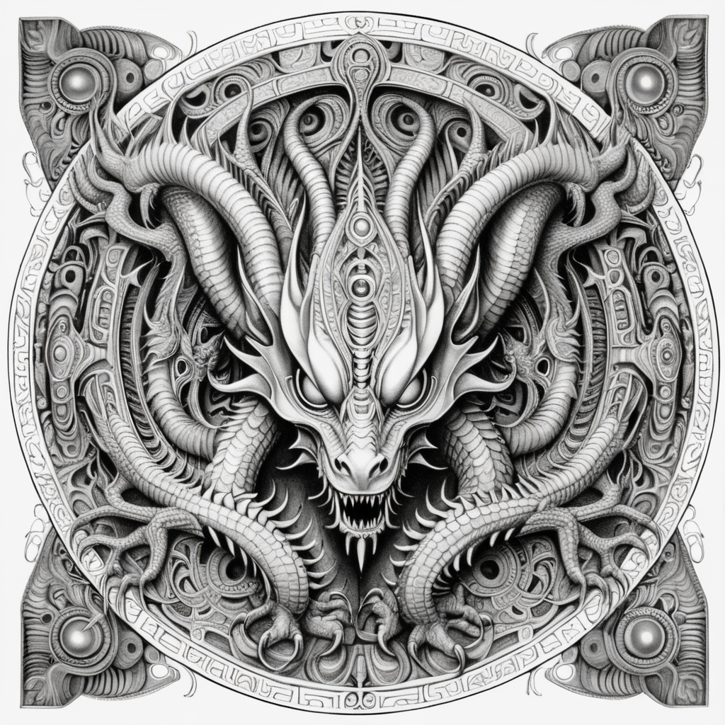 black & white, coloring page, high details, symmetrical mandala, strong lines, dragon with many eyes in style of H.R Giger