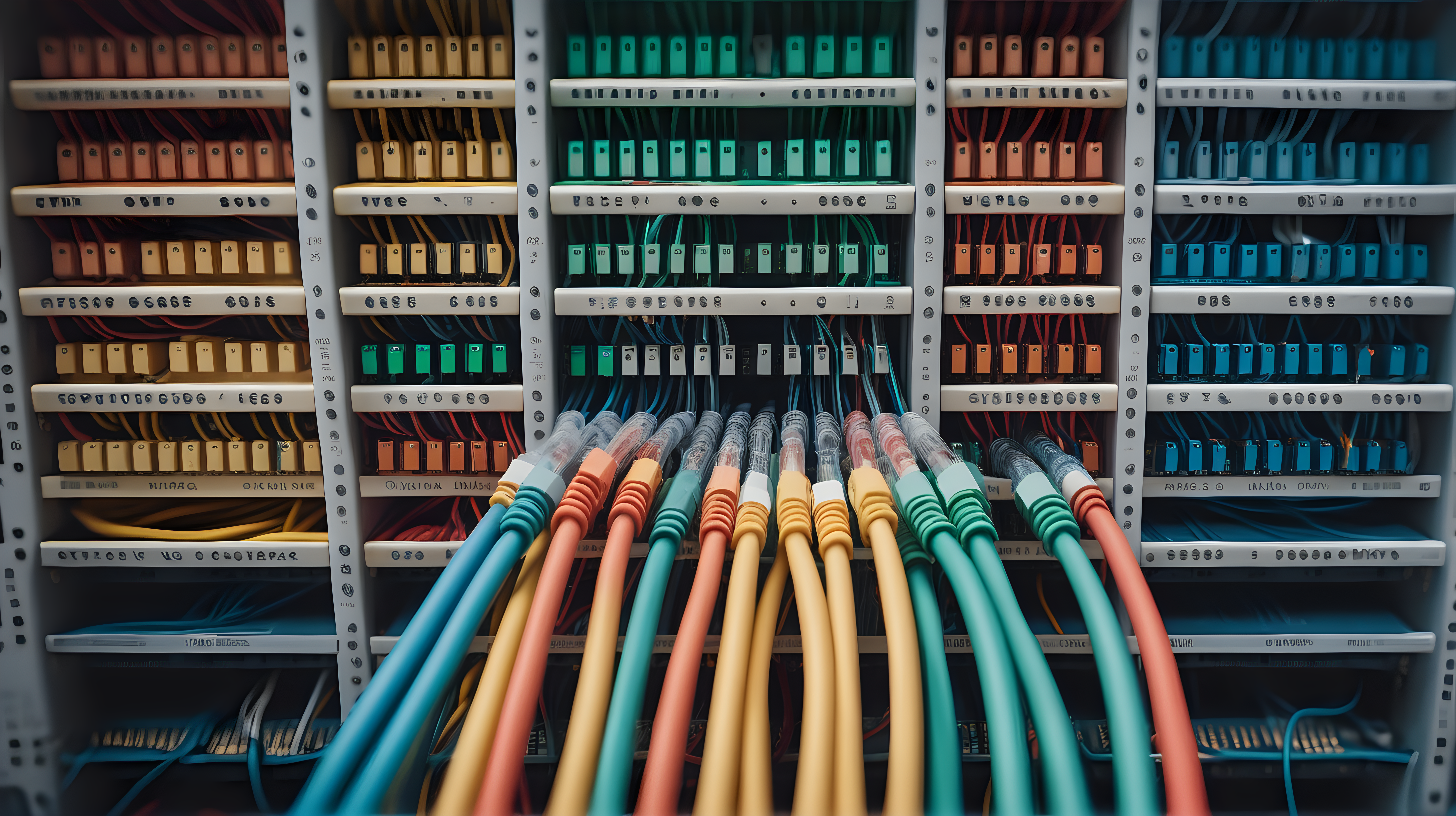 high quality close-up photograph of many data center network cables of various colors in the style of a wes anderson movie
