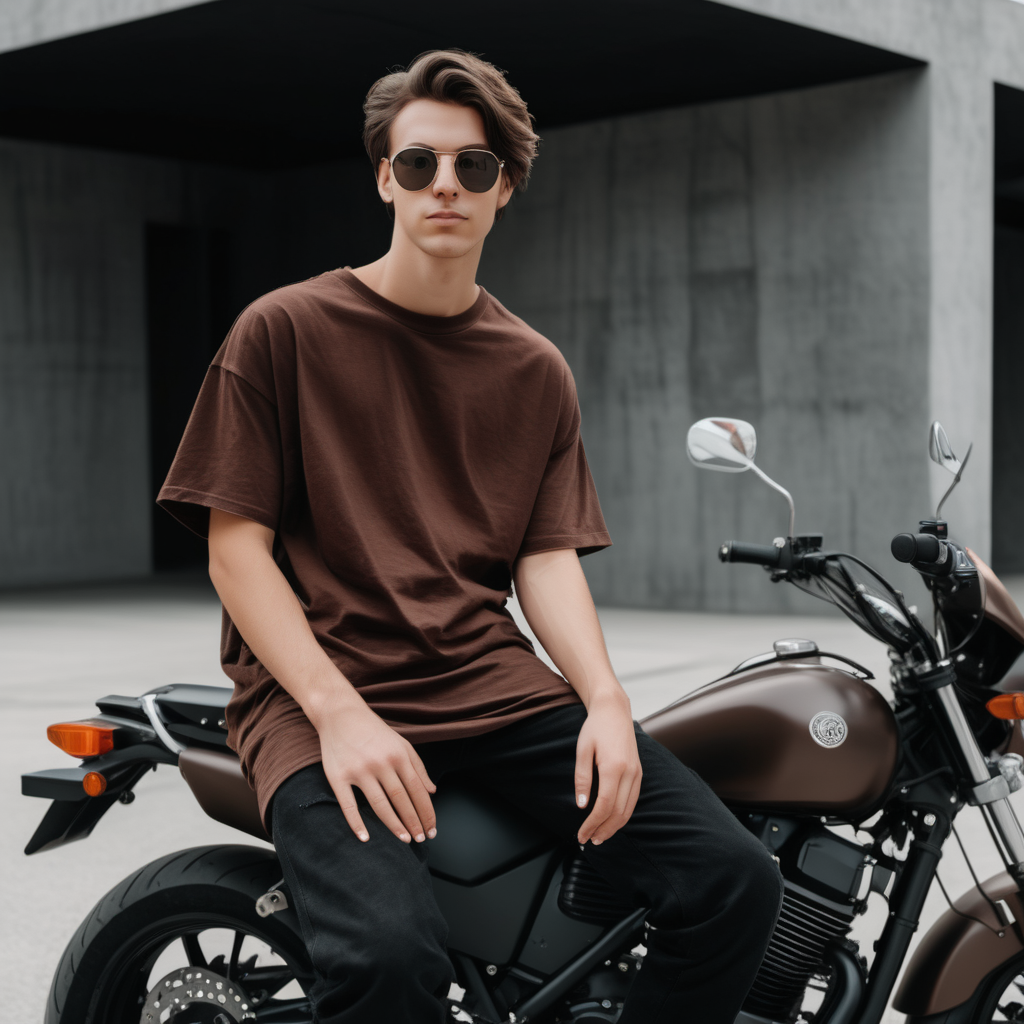 person sitting on motorycle bike showing front with oversized dark brown t shirt that is blank