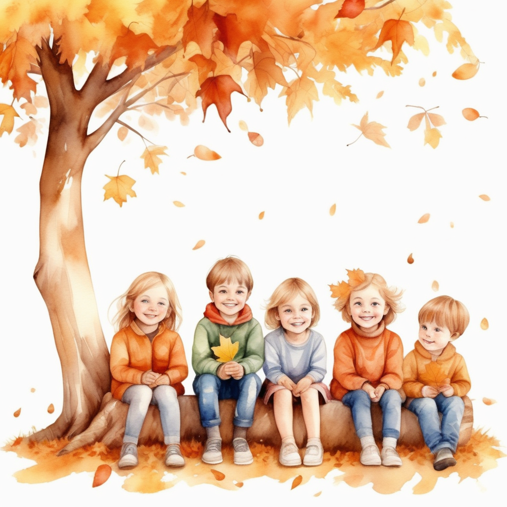 vytvoř realistickou ilustraci_více reálné tváře  dětí_sedí pod stromem, je podzim a děti mají radost_ve stylu akvarel barvy
