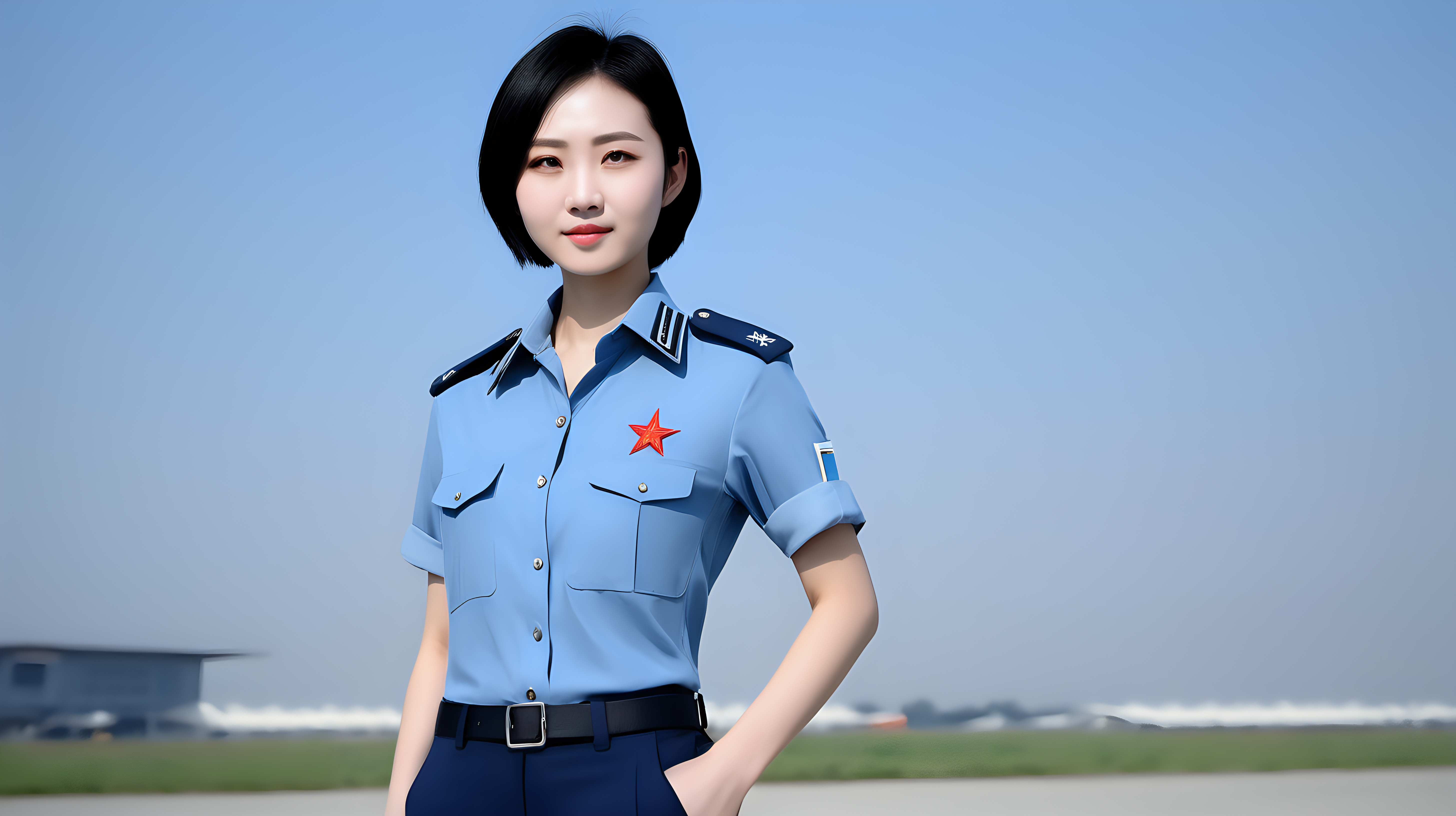 一名中国空军女兵
青年人
短发
黑发
天蓝色衬衫
深蓝色西裤