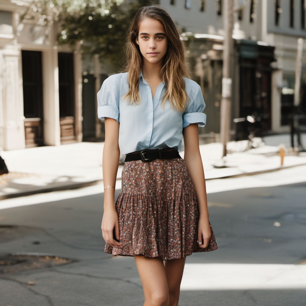 Emily Feld dressed in a skirt and blouse