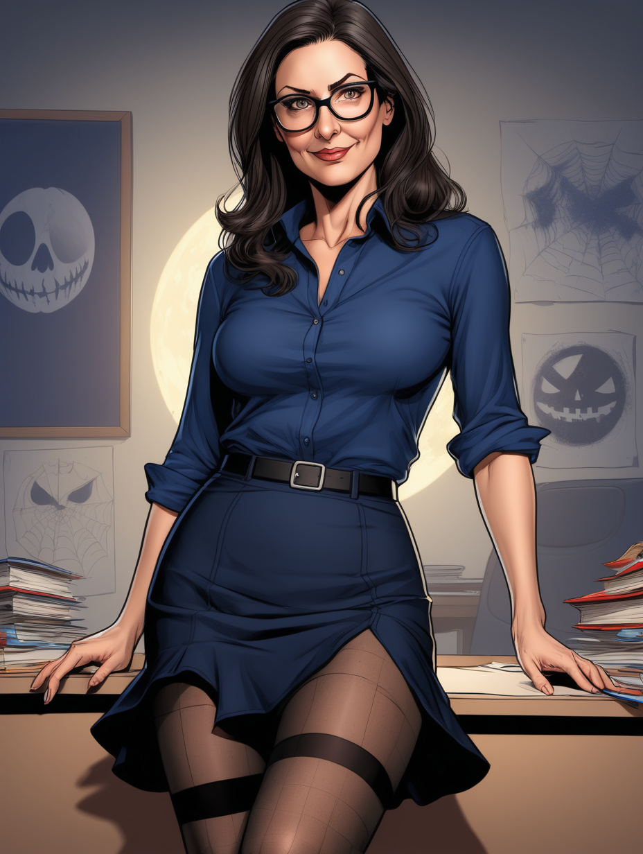 Beautiful, mature, brunette woman, teacher, glasses, [ripped open] (navy) shirt & (flowy) black skirt, meeting, halloween night[Detailed comic book art style] , thick pantyhose legs