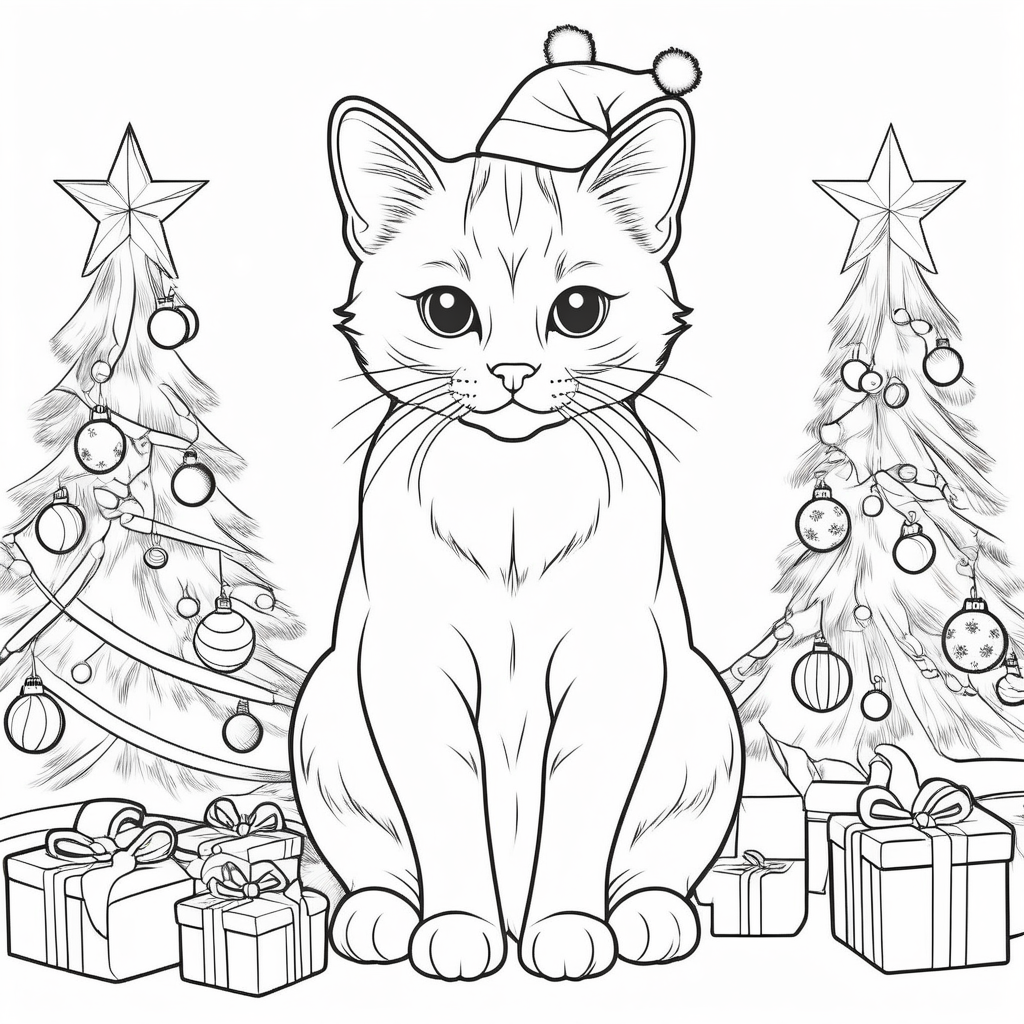 coloring book outline cat christmas