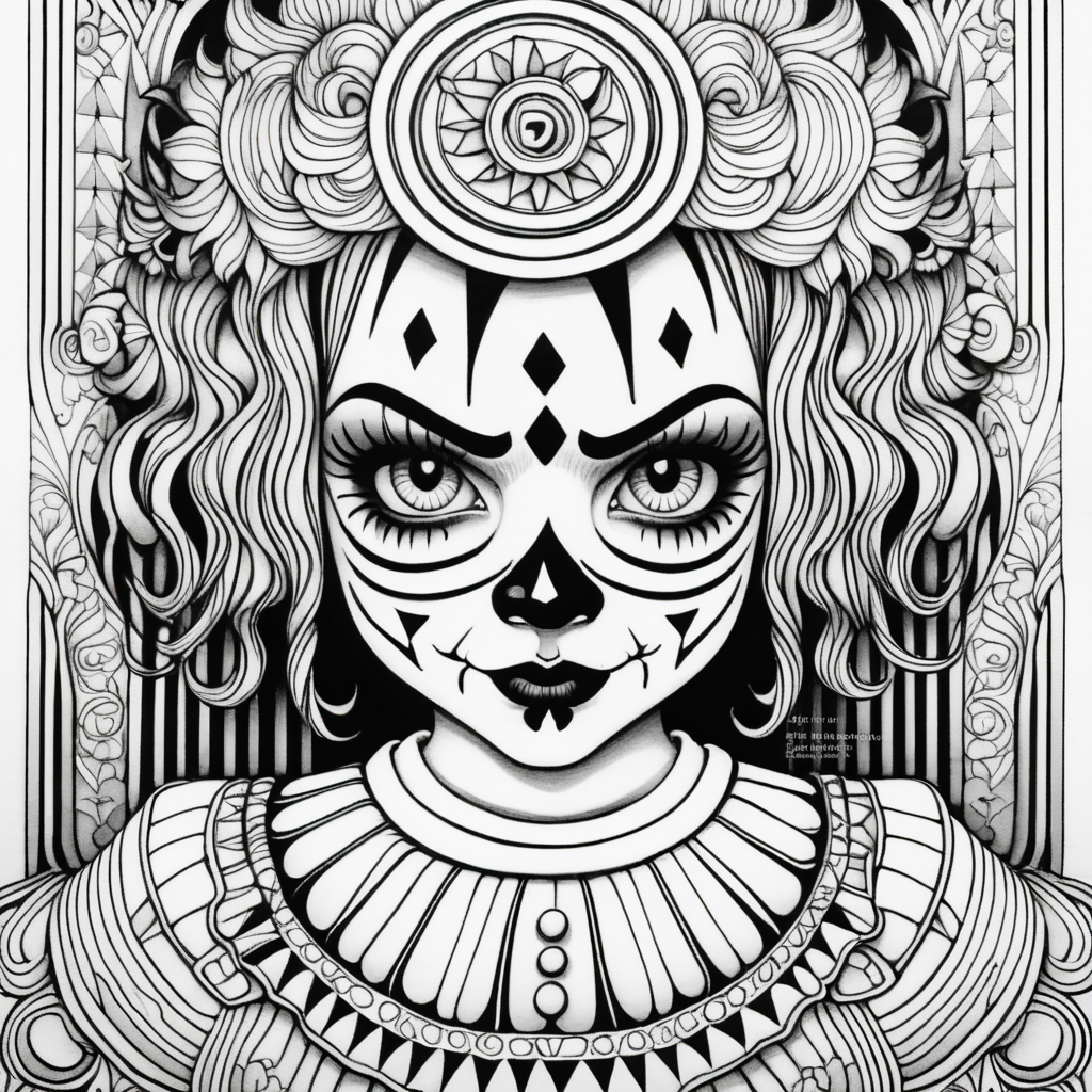 adult coloring page, black & white, strong lines, high details, symmetrical mandala, evil little girl clown 