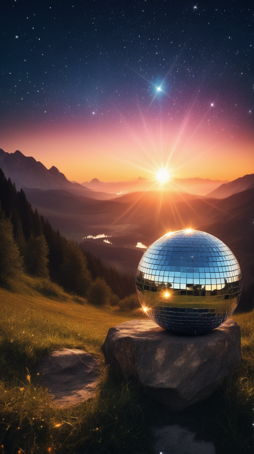 A sunrise in a magical place. Instead of the sun, a disco ball. Stars on the sky
