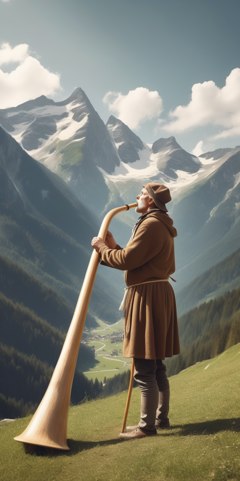 Realistic man blowing a long alphorn in the mountains