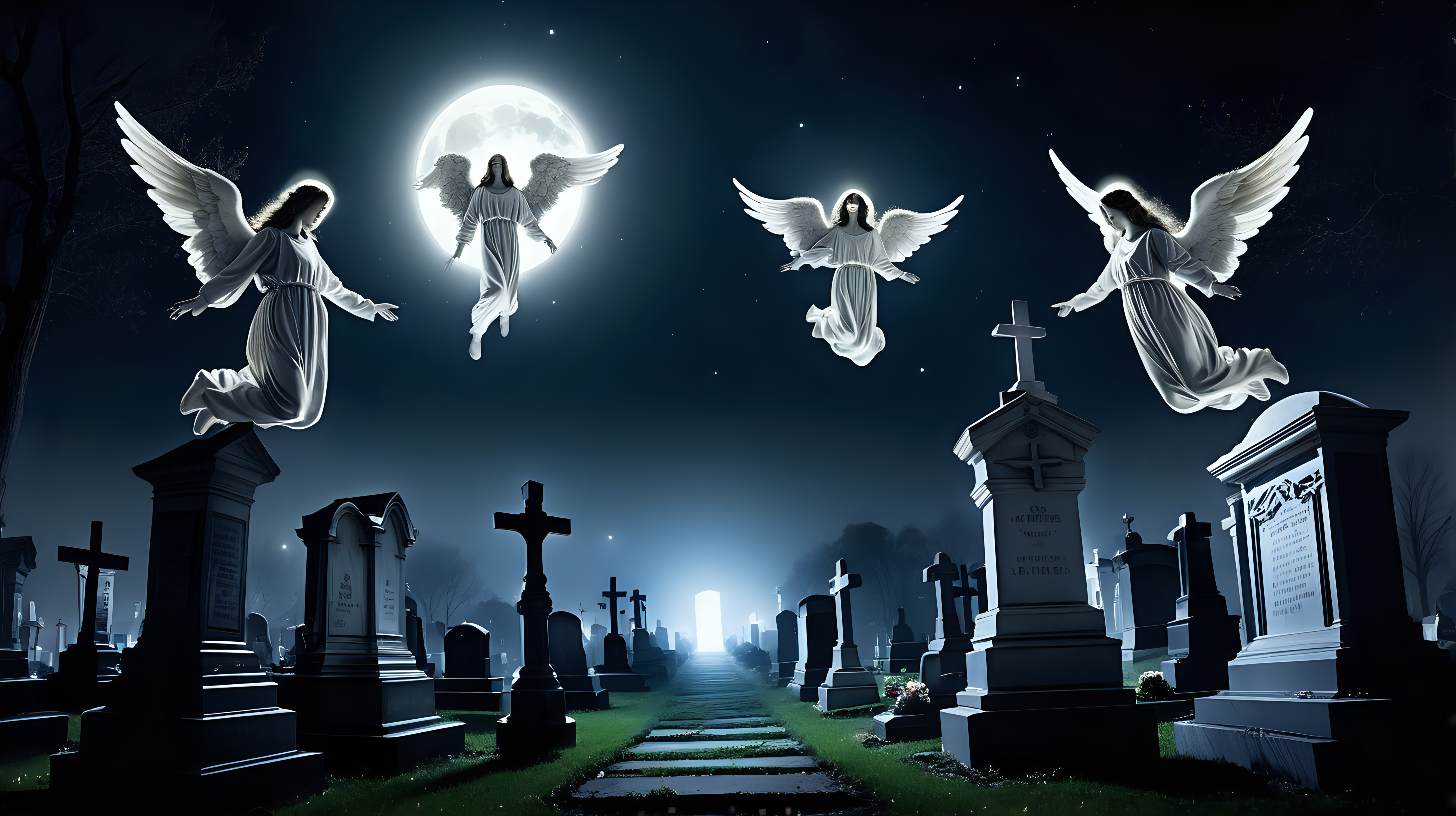angels hovering over a cemetery at night
