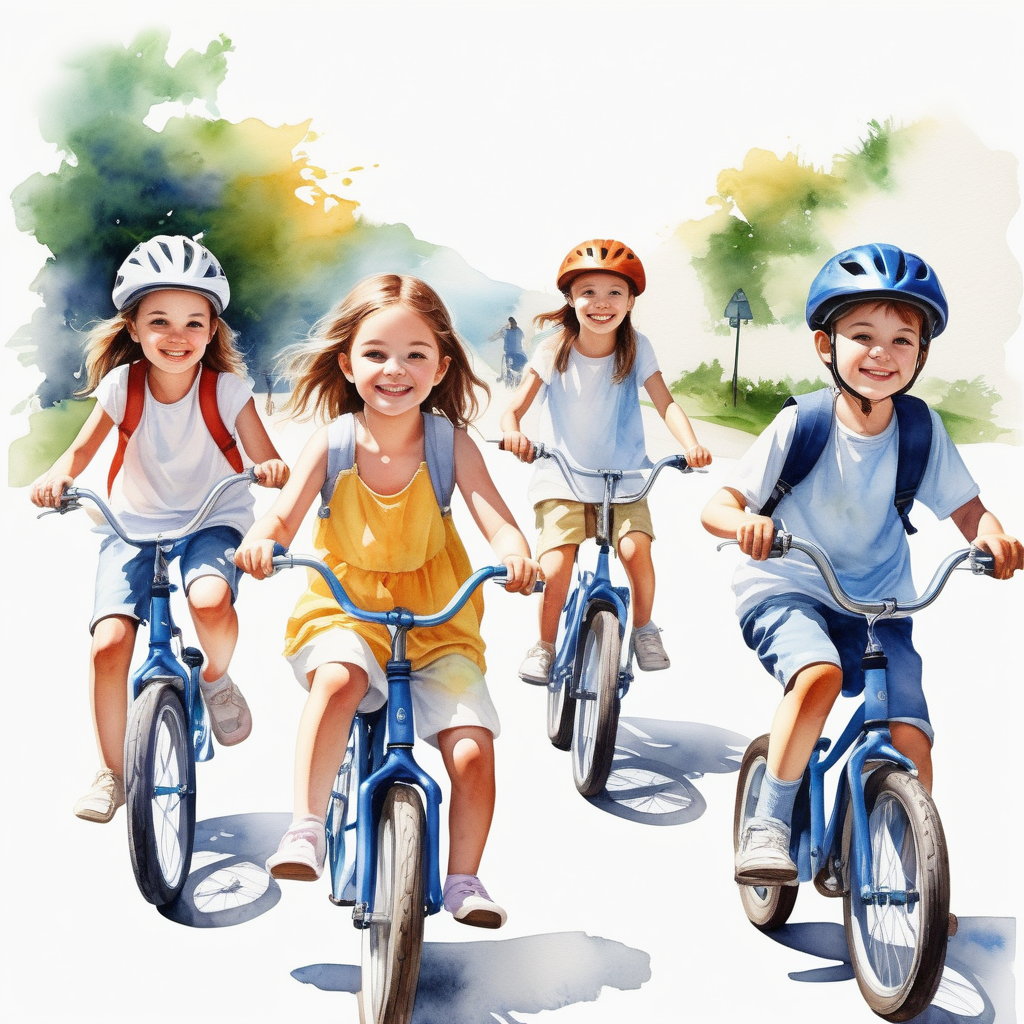 bílé pozadí_vytvoř realistickou ilustraci_realnější tváře_která je určena pro děti _  Téma Letní prázdniny: děti jezdí na kole_akvarelové barvy
