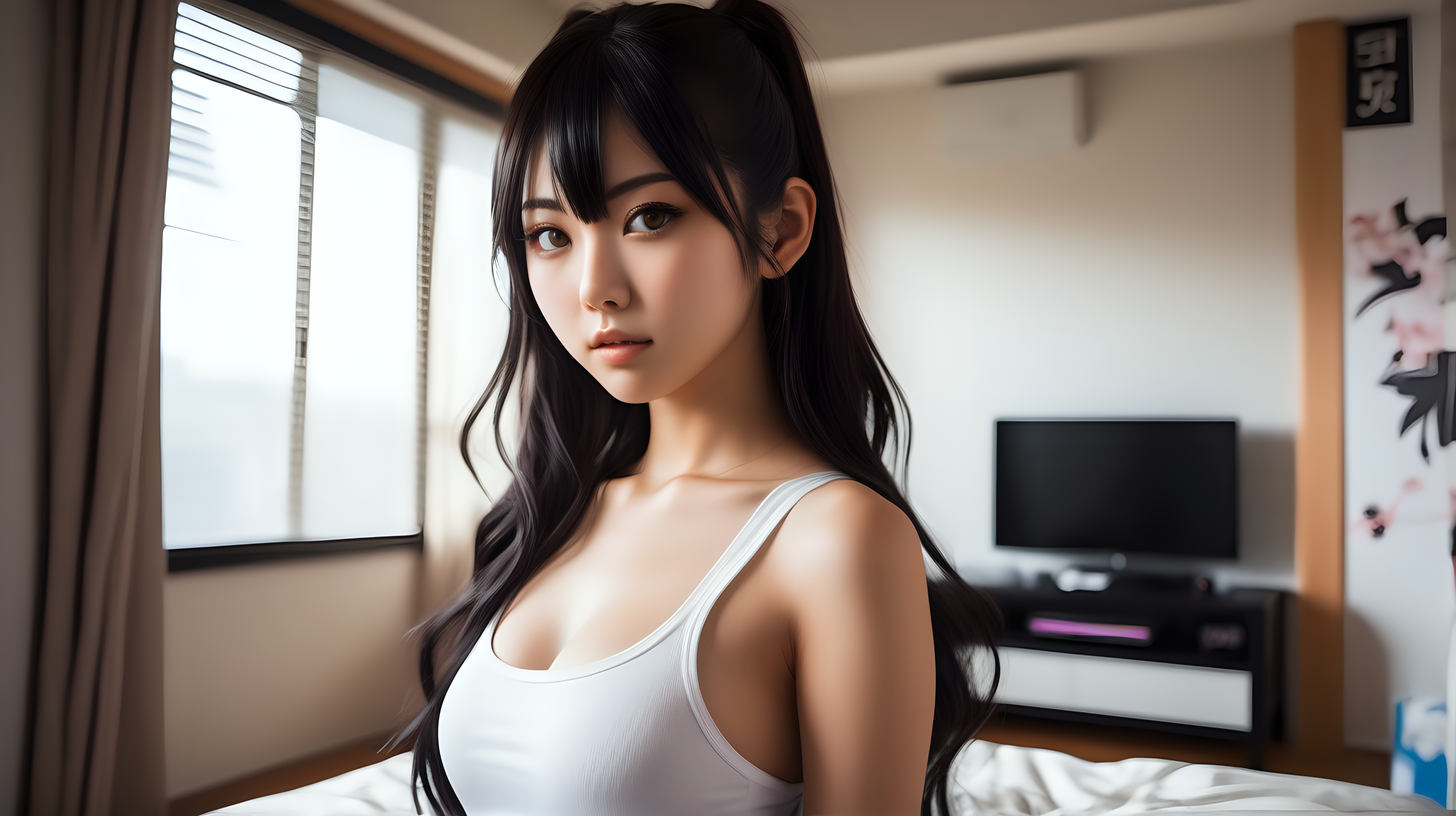 A 25 yo japan woman in a delightful afternoon. She is standing looking at the camera, in a gamer style bedroom. She wears a k-pop look nsfw. This photography is the best representation of female beauty, shiny dark hair, hazel eyes, big tits. Extremely realistic textures and warm colors give the final touch. Sharp focus and realistic shadows add to the scene.