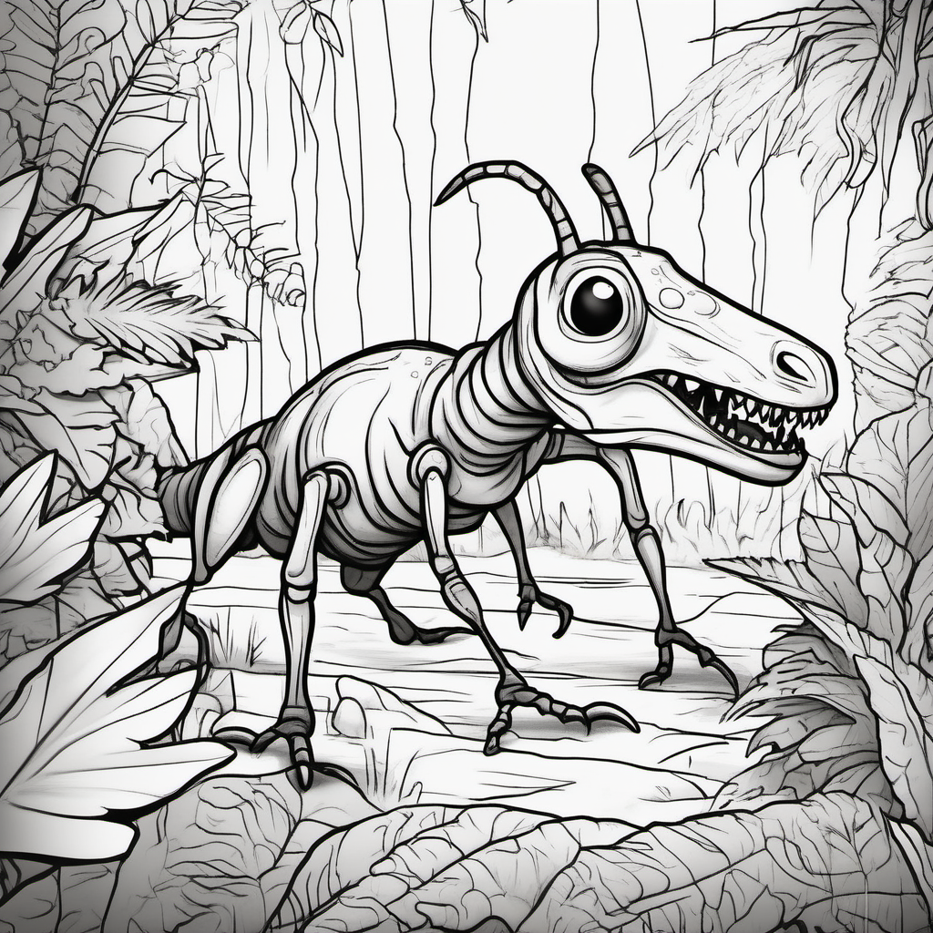 Ant dinosaur, deep in the jungle, dark lines, no shading, coloring pages
