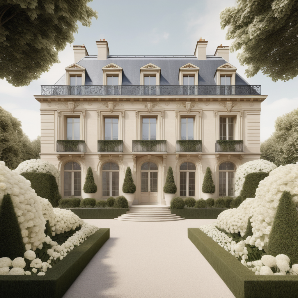 a hyperrealistic of a grand modern Parisian estate home from the outside with grand gardens of white flowers in a beige oak brass colour palette --no visible homes nextdoor
