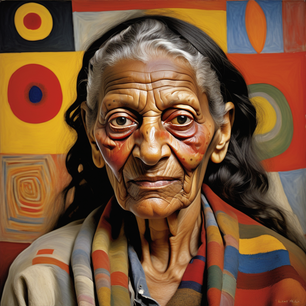 one beautiful Native American melanin 76 year old woman with bright eyes and a warm smile close up by painter Lucian Freud. in front of an abstract background with lots of vibrant symbols by Paul Klee. all clothes with vibrant abstract images and patternsby Paul Klee, atmosphere is Caravaggios chiaroscuro --stylize 50 --v 5.2
