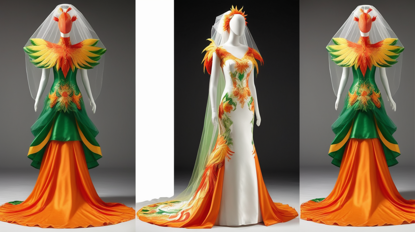 Ho-oh design wedding gown. Orange, green, yellow, white. with veil.
