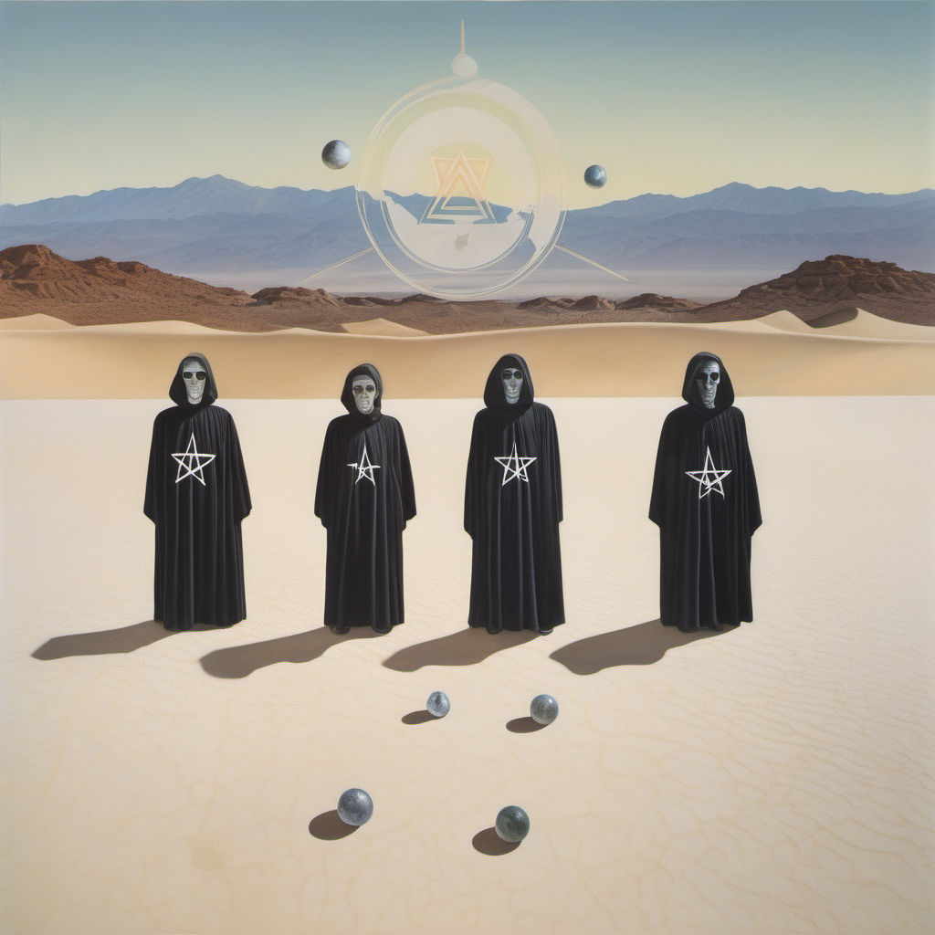 El Ruscha, desert, marble alien orbs, 5 men with occult robes, pentagram in the sand