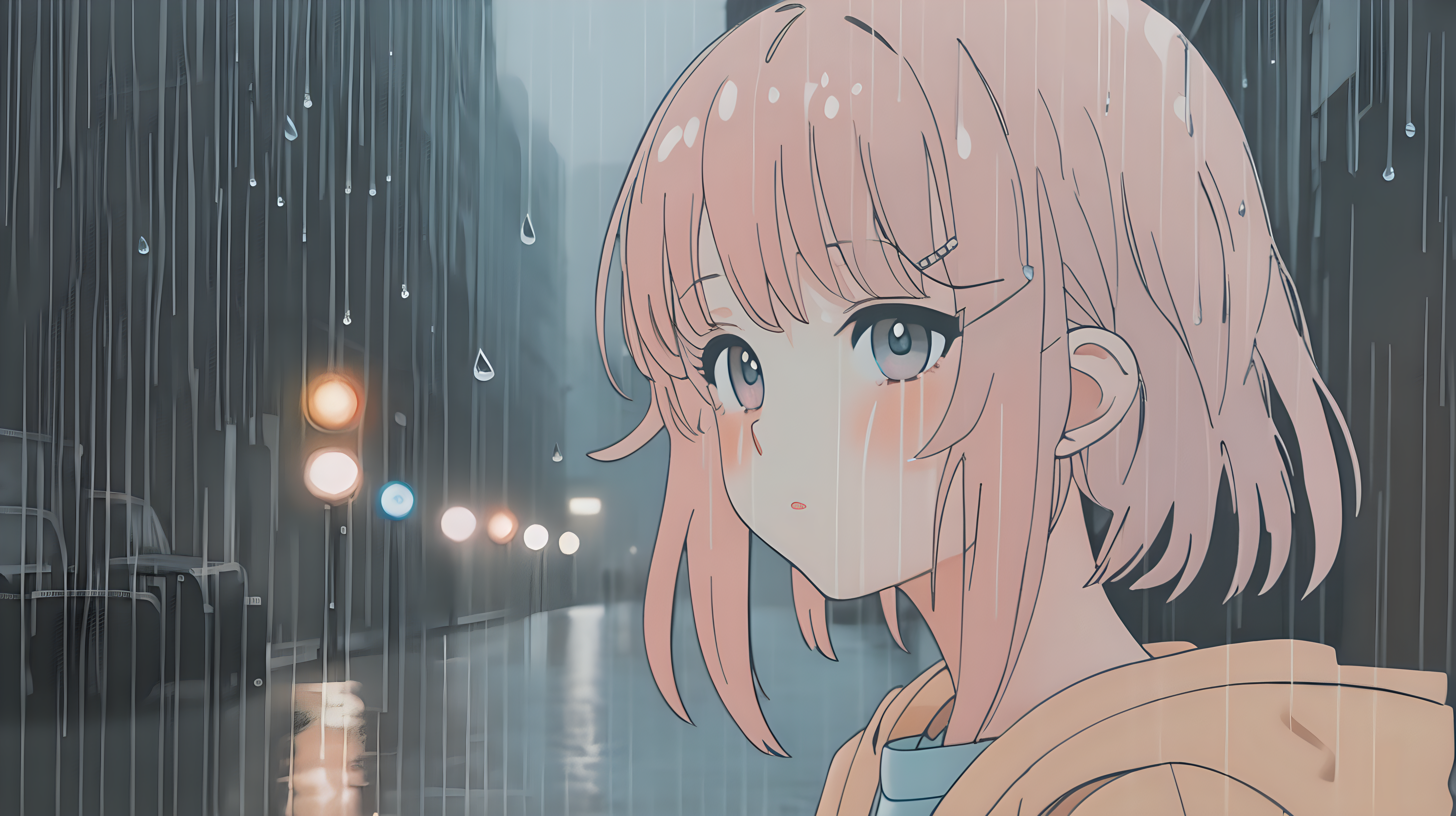 anime girl in the rain, muted pastel colors that look good on craft paper