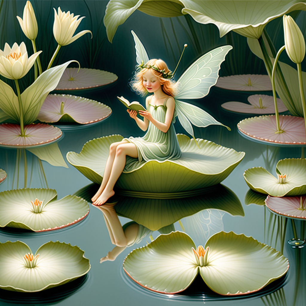 Imagine a fairy perched on a lily pad, singing a sweet serenade, surrounded by aquatic flora, echoing Cicely Mary Barker's ethereal portrayal of nature.
