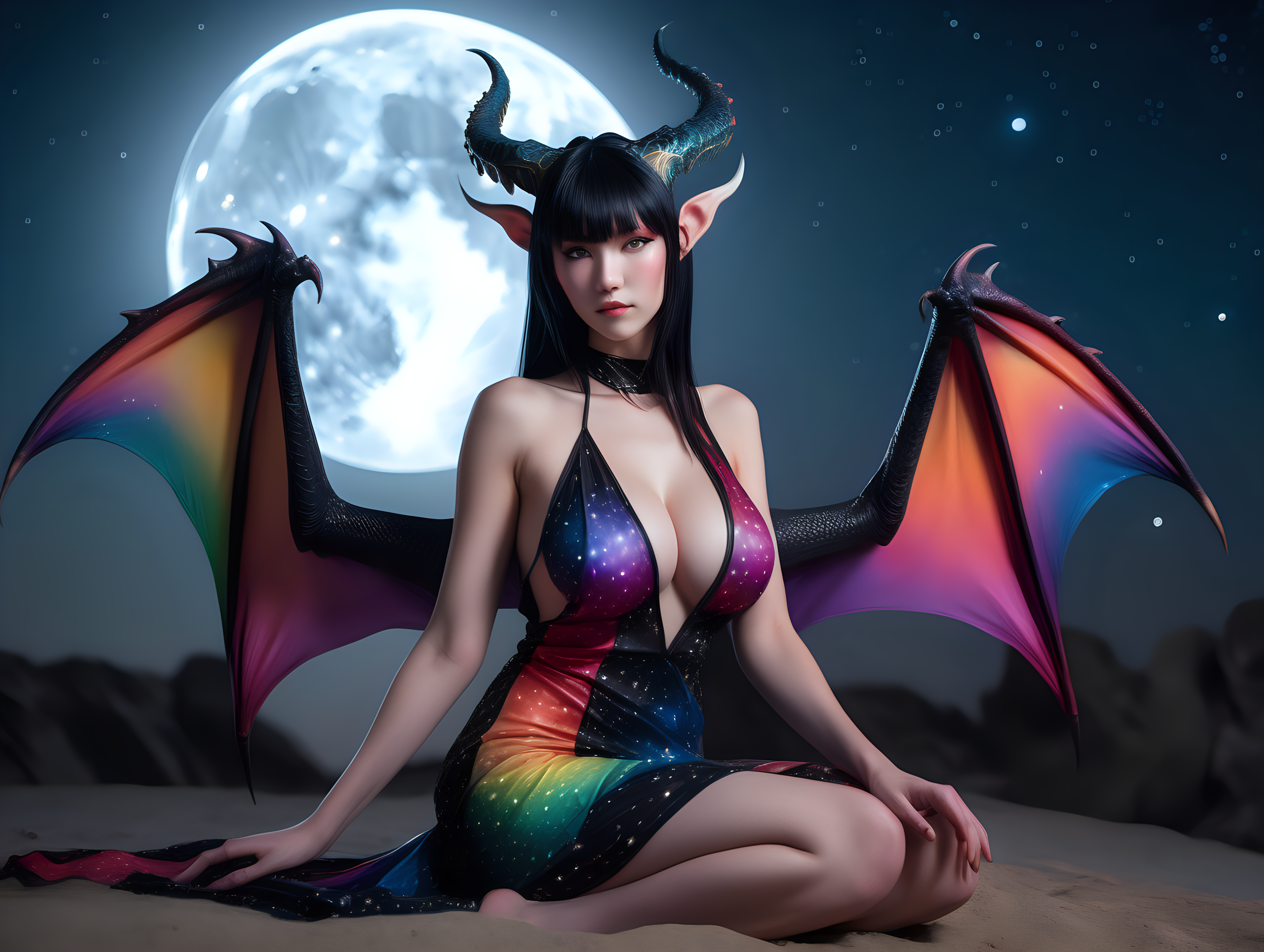 ultra-realistic high resolution and highly detailed close up adult film photoshoot of a slender female human dragon, with sleek pointy black horns gently swept straight backwards over head, with massive breasts, with a colourful open front loose transparent dress and draconic markings on arms and body, sitting under a starry sky with the moon in the background, looking at the camera