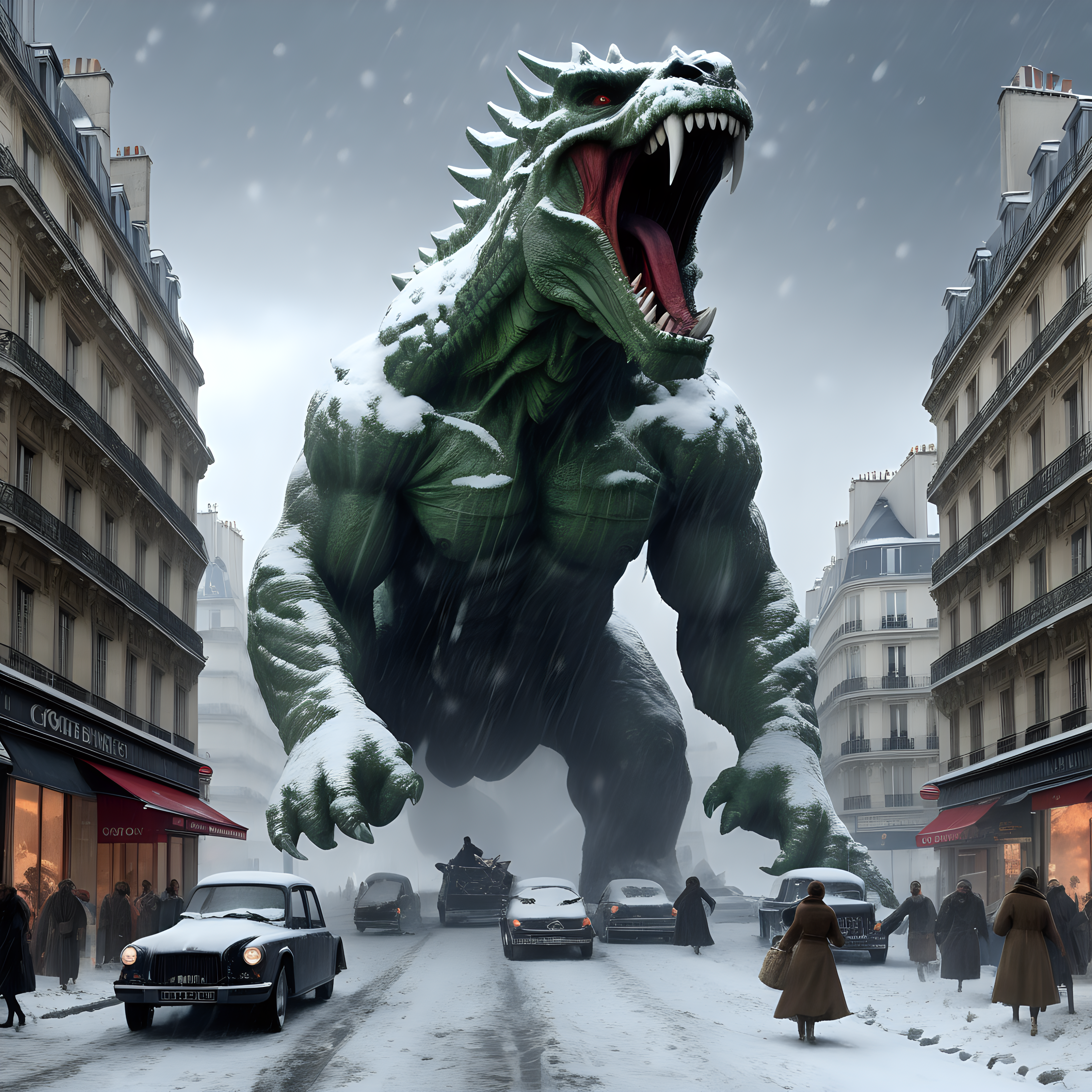 Gorgo destroying Paris in winter snow storm