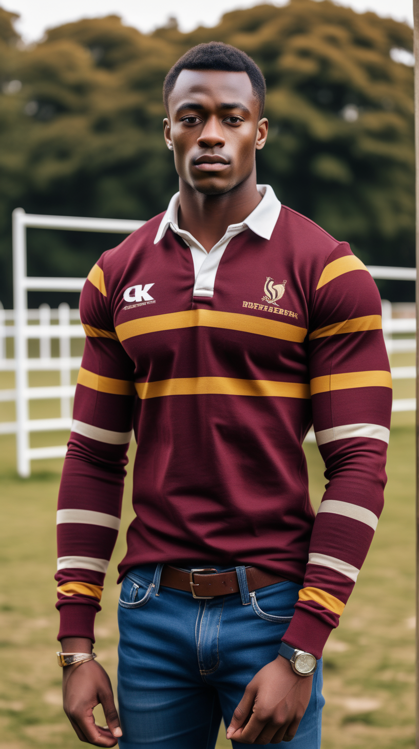 slim, young, Black man, wearing low cut hair, wearing a casual fit, maroon and gold multi striped, long sleeve, Rugby jersey, with patches on the elbow, wearing blue denim jeans, in Ultra 4K, brightly lit, high definition, standing in a Horse park