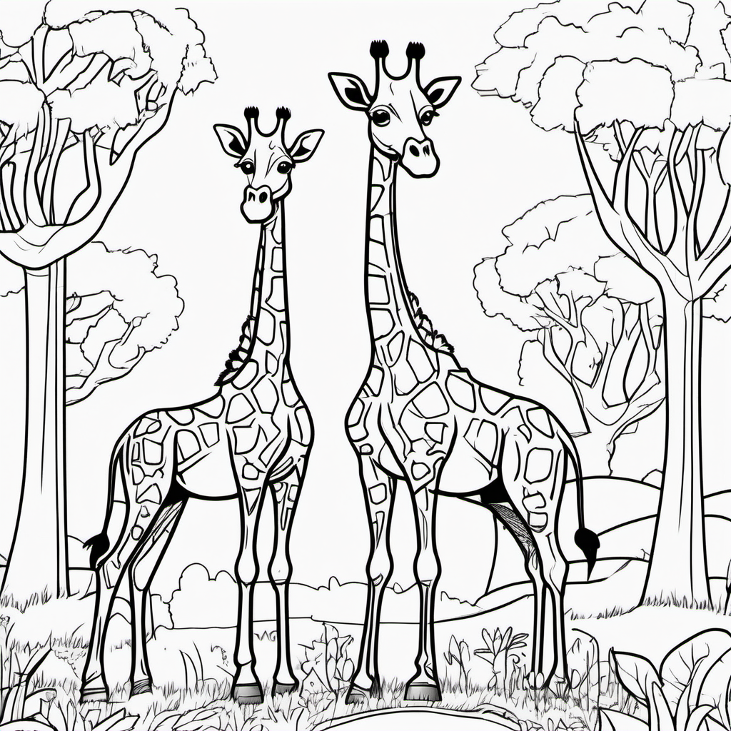 /imagine colouring page for kids, Giraffe family Delight, thick lines, low details, no shading --ar 9:11