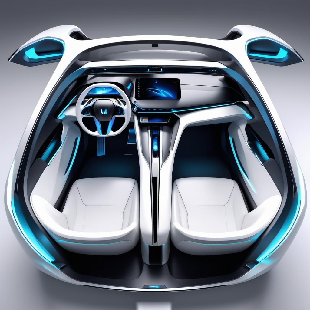 Realistic EV car, ambient light, Interior design, top view , front and rear seat, elegant Avantgarde 2030, nearly ,interior concept, Futuristic Honda car, White steering wheel, Big space,Ambient light, connected trim line.