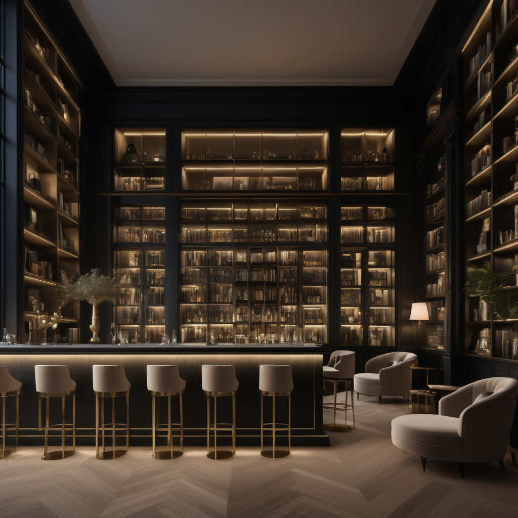 a hyperrealistic grand modern Parisian open plan library and Bar at night with mood lighting, floor to ceiling windows and doors opening to the patio,  in beige, oak, brass and black
