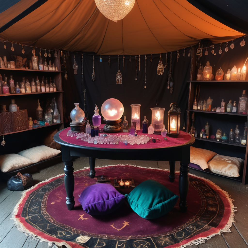 In a fortune teller tent. A table with crystal balls and potions on the shelves. The witchcraft. a leather bag of round crystals to make a bracelet. The tent is dimly lit. There are cushions on the floor around the table.