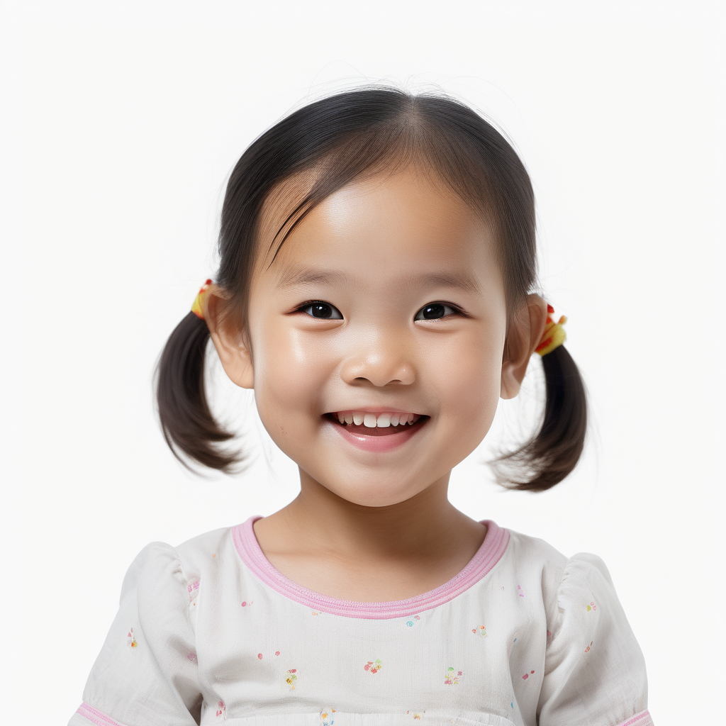 bílé pozadí_reálná tvář_dítě 3 roky_ holka_Vietnam_charakteristický vzhled_holka_usmívají se_je vidět celá hlava