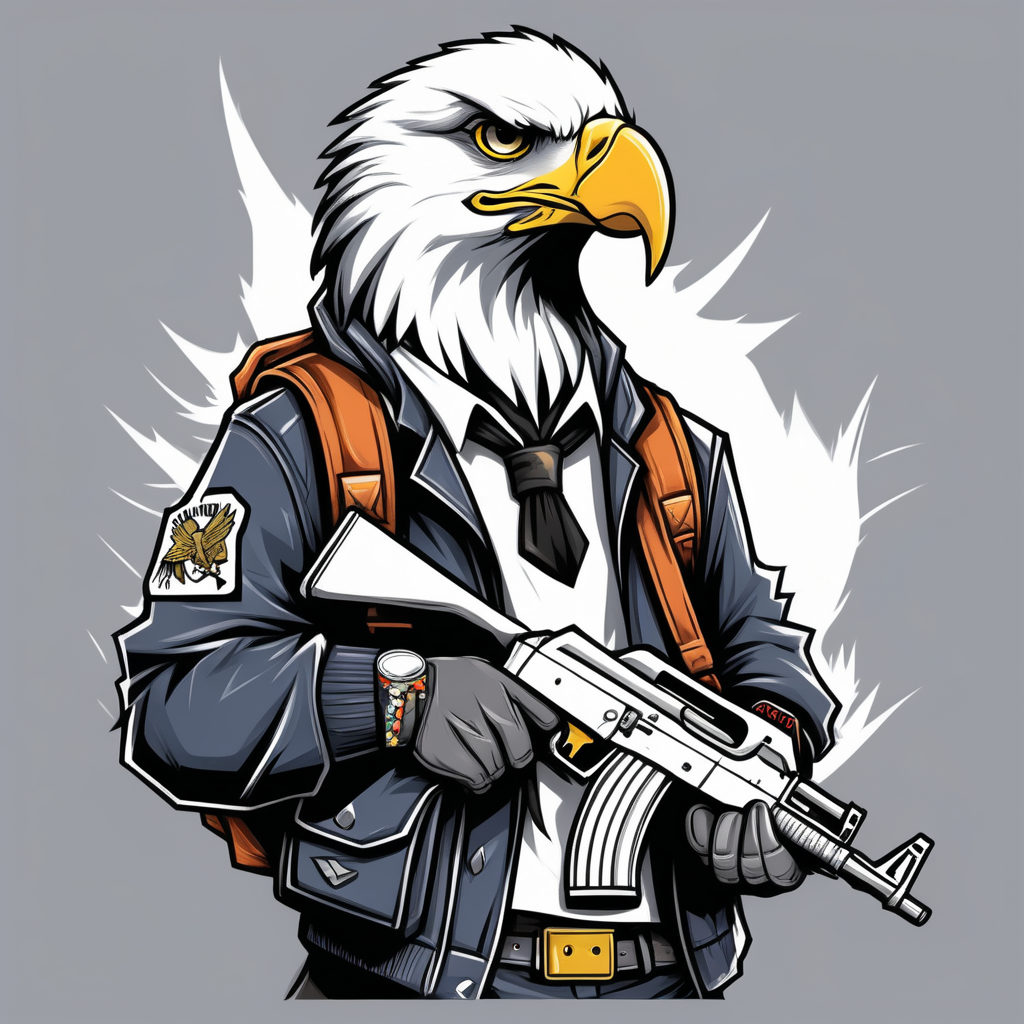 draw a street gangster eagle wearing a backpack while holding an ak 47