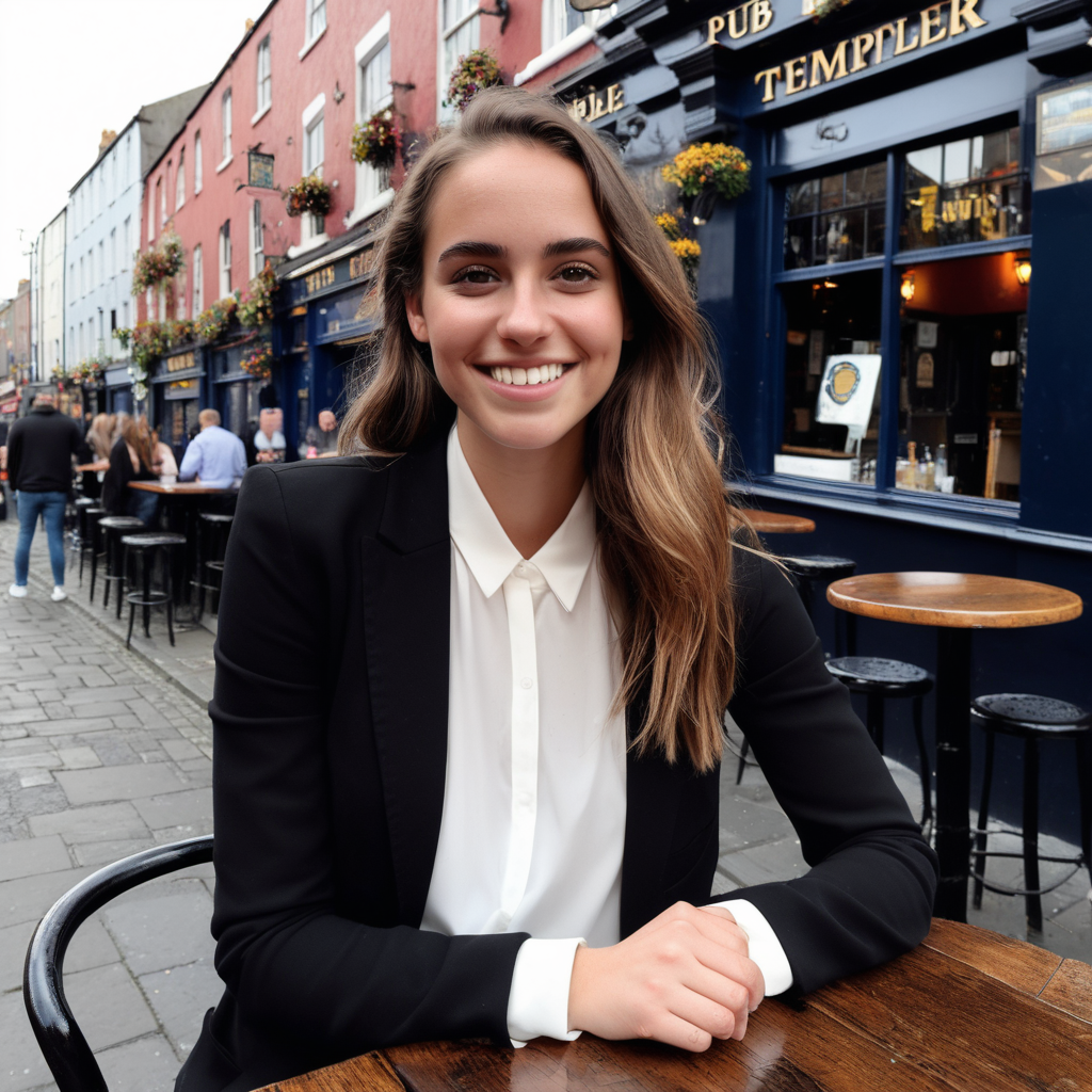 A smiling Emily Feld dressed in a long, white blouse and jeans, with a black jacket sitting at a table outside a pub in Templebar, Dublin