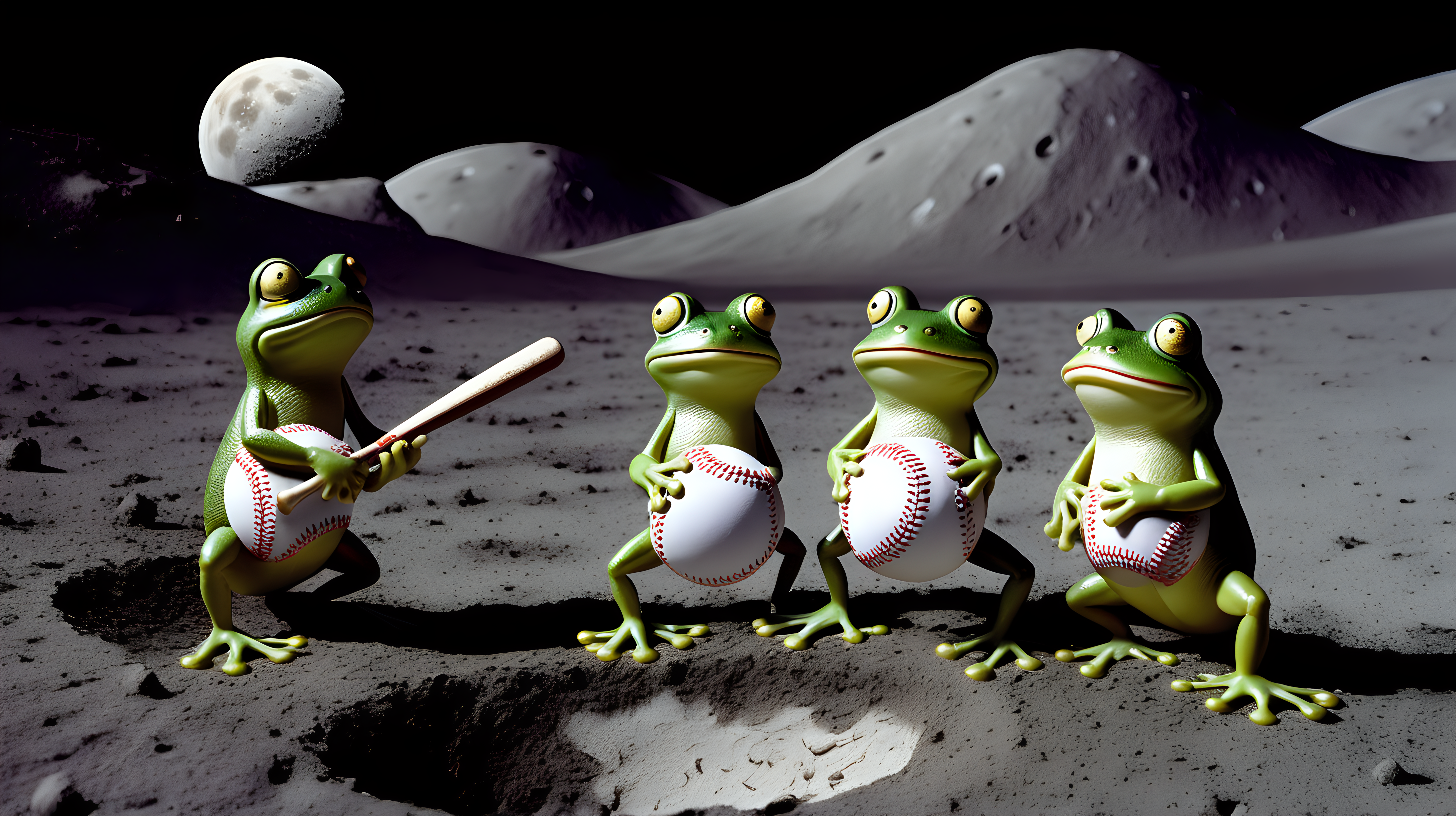 frogs playing baseball on the moon