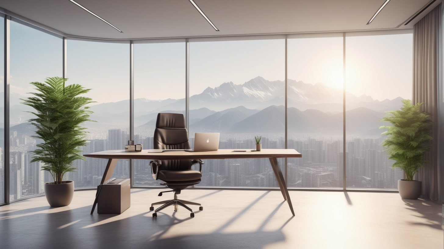 Financial director office, with a panoramic view of a Urban panorama with montains, touches of light, One big plant,  minimalist, Financial director, warm and elegant style, financial director, sucess,--ar 5:3