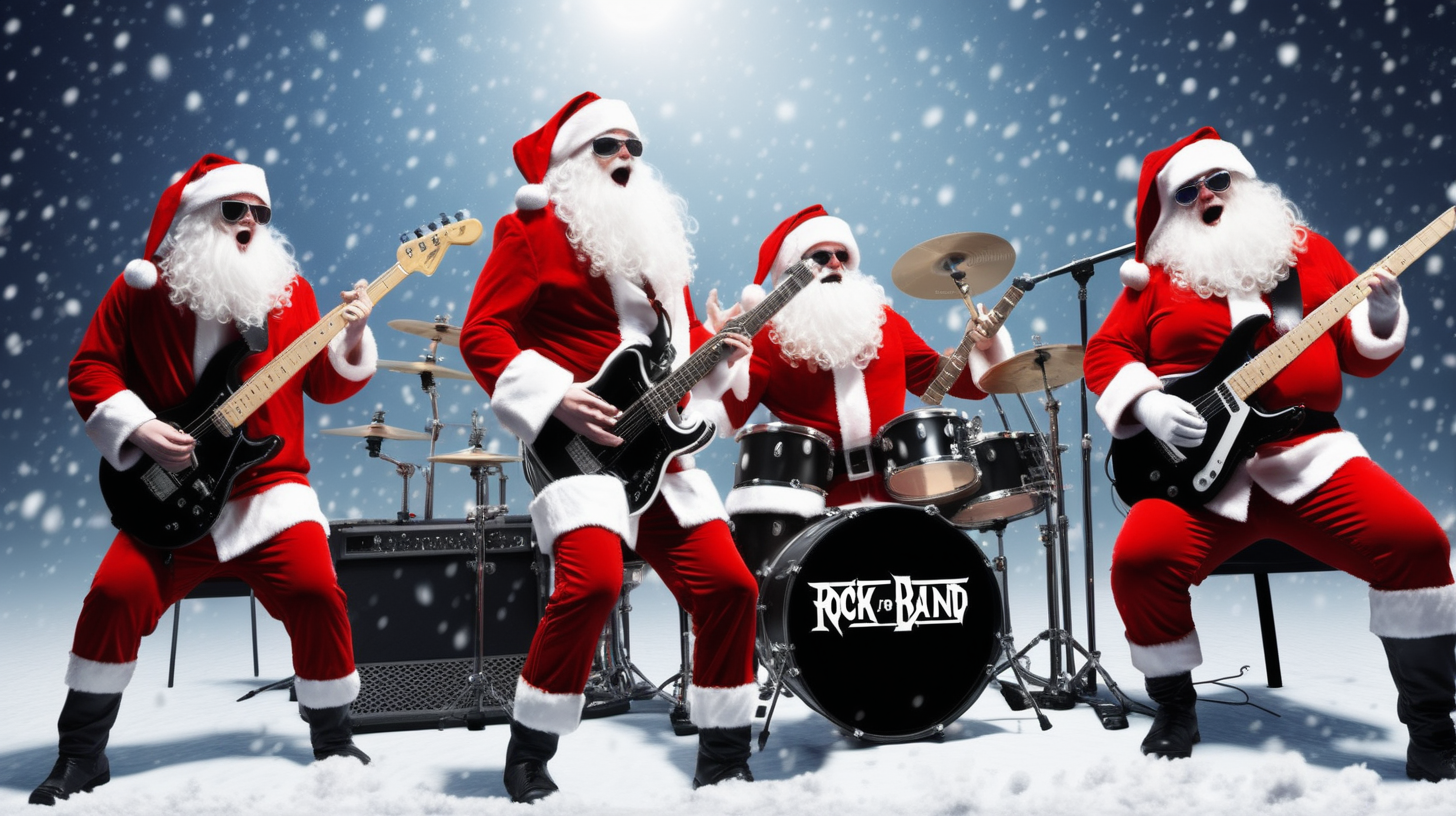 Rock band containg only santa clauses, playing in a snow blizzard