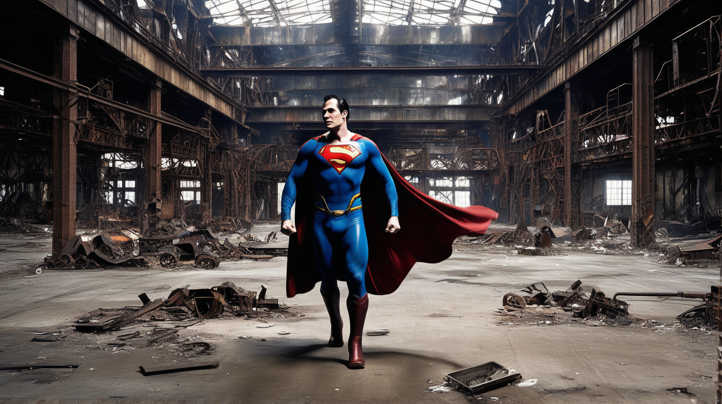 Superman fights Loki in an abandoned metal factory