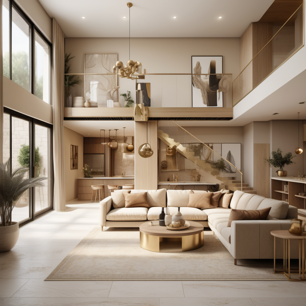 a hyperrealistic image of a Modern Jerusalem-inspired, two-storey home interior; beige, oak, brass interior;
