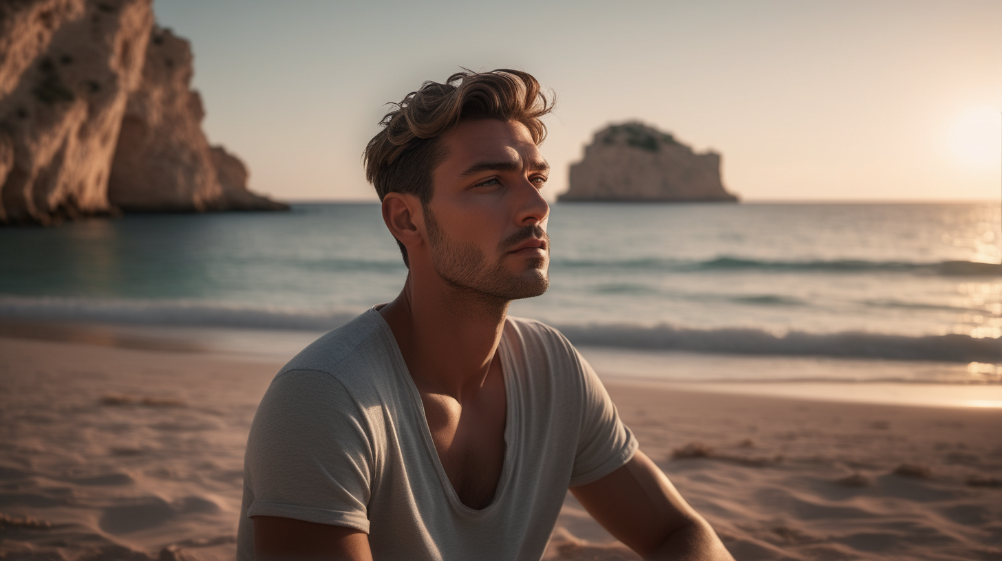 Chill-out, super realistic, ibiza, beach, handsome man. The lighting in the photo should be dramatic. Sharp focus. A ultrarealistic perfect example of cinematic shot. Use muted colors to add to the scene