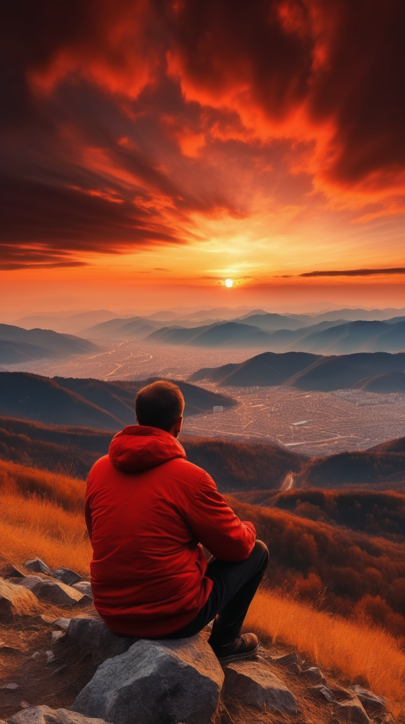 Man sitting alone sad on a mountain hill, looking at the golden to red sunset clouds, very beautiful