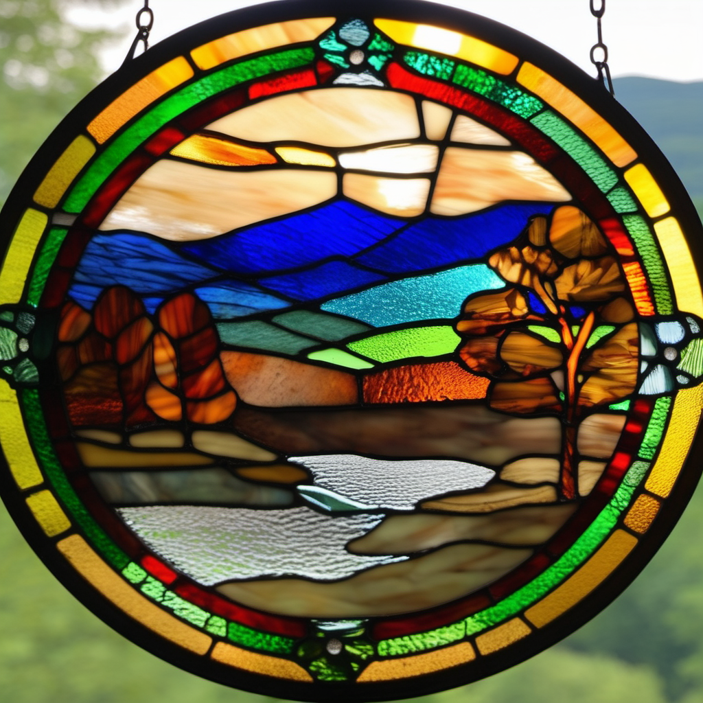 round stained glass Allegheny Mountains in background

