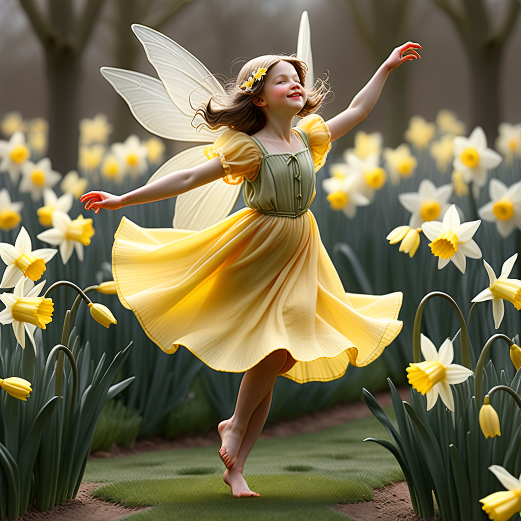 Imagine a fairy gracefully dancing amid a field of daffodils, each petal echoing the movement, mirroring the grace and elegance portrayed by Cicely Mary Barker.