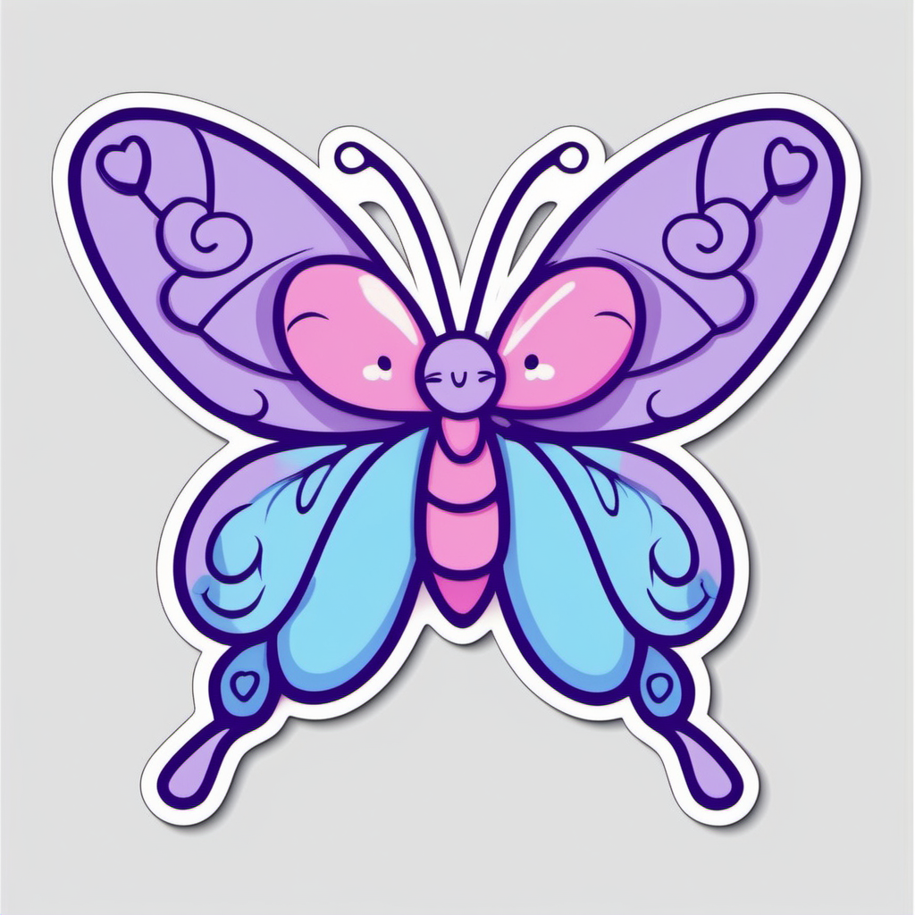  Sticker, Cute valentine blue and purple Butterfly with Heart-shaped Wings, kawaii, contour, vector, white 
background
