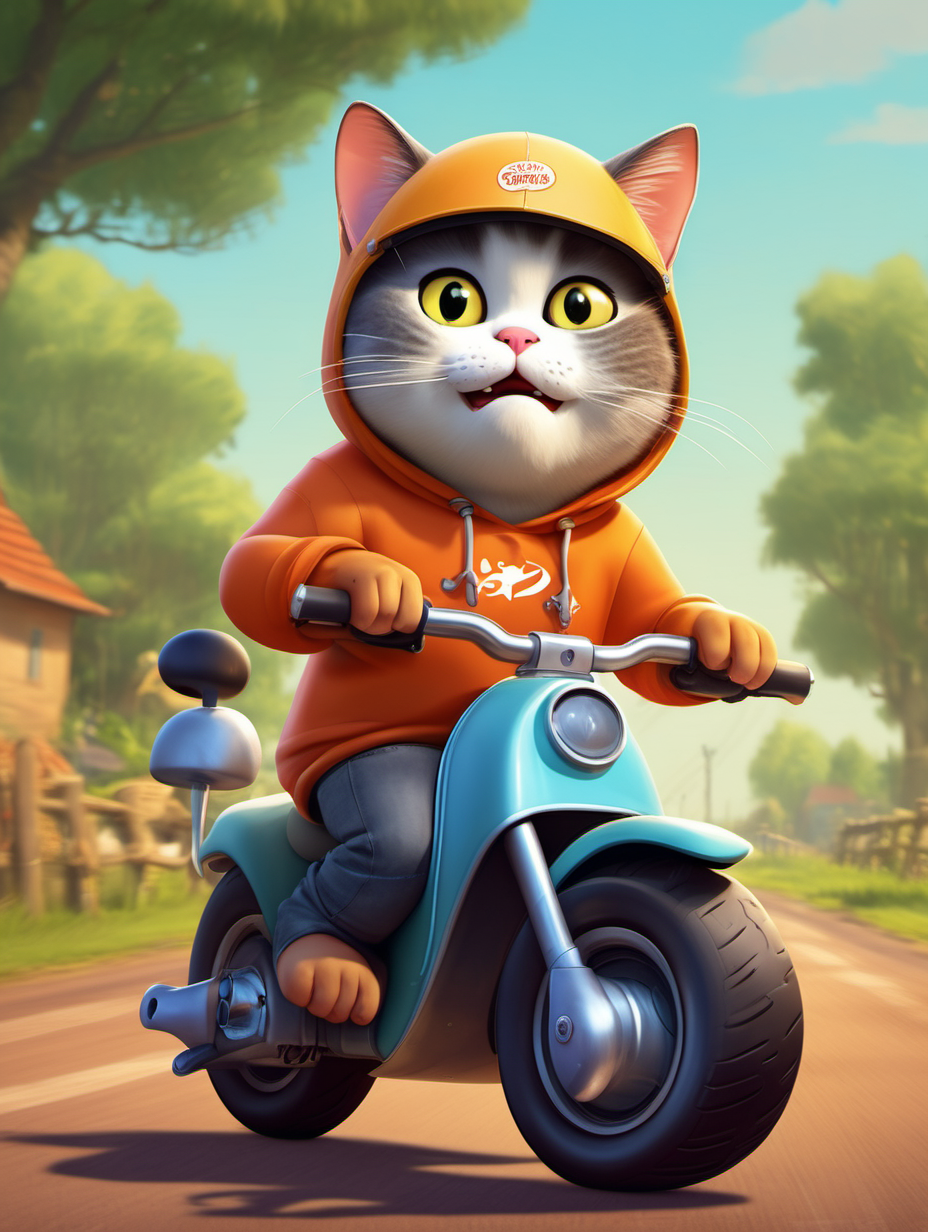 create ai disney pixar caricature photos. Fat little cat. riding a mini motorbike. wearing a helmet that says Martapura Courier. wearing a hoodie. wow expression. rural atmosphere background.